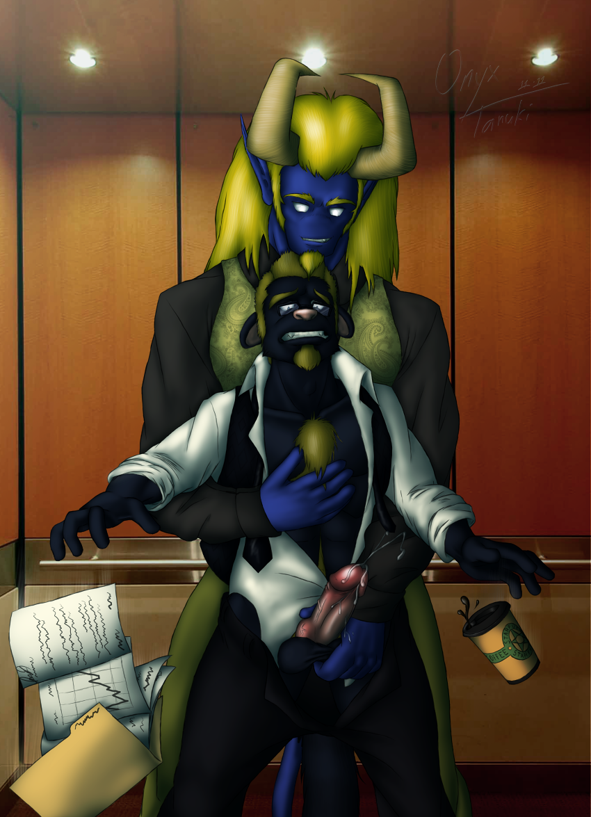 abs anthro assisted_exposure ball_fondling balls bgn biggens_(character) black_fur blonde_hair blue_skin body_hair chest_hair clothed clothed_sex clothing demon duo elevator eyewear facial_hair fondling fur gay glasses goatee hair half-dressed horn long_hair looking_at_viewer male necktie no_nose office onyx_(character) onyxtanuki onyxtanuki_(artist) open_pants open_shirt pants penis pink_nose precum questionable_consent shirt suit tanuki vest white_eyes