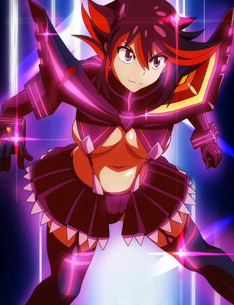 1girl boots breasts gloves kill_la_kill large_breasts matoi_ryuuko multicolored_hair senketsu short_hair skirt smile thigh_boots thighhighs two-tone_hair