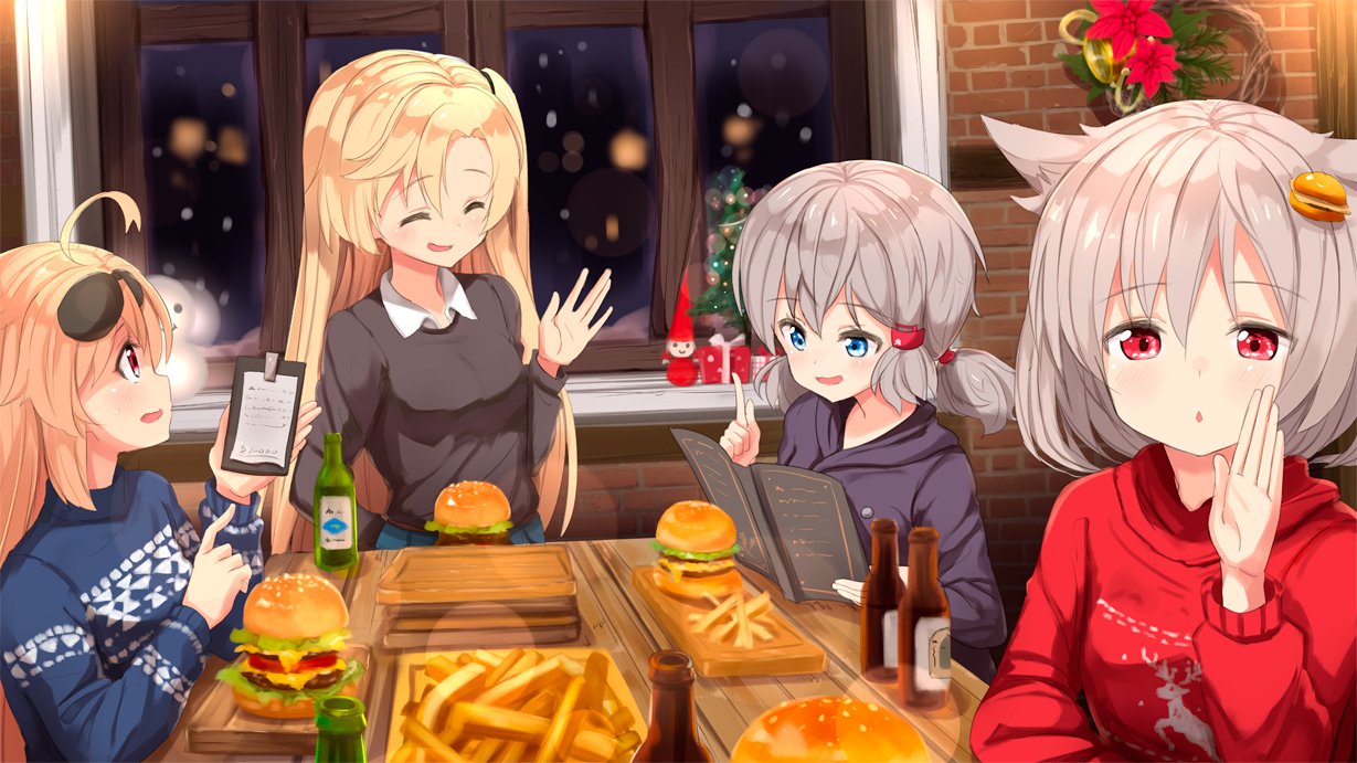 4girls :d ahoge ame. arm_behind_back azur_lane bangs blonde_hair blue_eyes blue_skirt blue_sweater blush bottle box breasts brown_sweater christmas christmas_tree cleveland_(azur_lane) collared_shirt columbia_(azur_lane) commentary_request denver_(azur_lane) eyebrows_visible_through_hair eyes_closed eyewear_on_head flower food food_themed_hair_ornament french_fries gift gift_box hair_between_eyes hair_ornament hamburger hand_up holding holding_menu indoors light_brown_hair long_hair looking_at_viewer menu montpelier_(azur_lane) multiple_girls night one_side_up open_mouth parted_bangs parted_lips pleated_skirt pointing profile red_eyes red_flower red_sweater shirt skirt small_breasts smile standing sunglasses sweater very_long_hair white_shirt