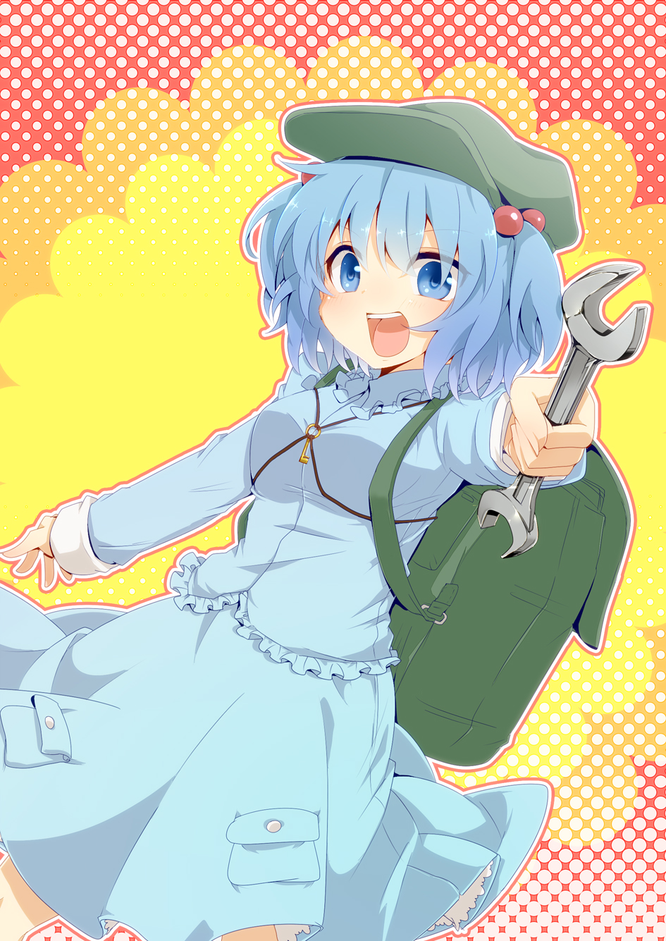 :d aoi_(annbi) backpack bag blue_eyes blue_hair breasts hair_bobbles hair_ornament halftone halftone_background hat highres kawashiro_nitori key long_sleeves looking_at_viewer medium_breasts multicolored multicolored_background open_mouth outline outstretched_arm short_hair skirt skirt_set smile solo touhou two_side_up wrench