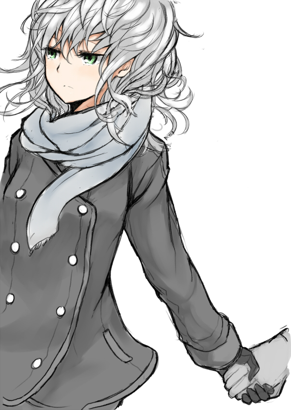 azure_luna coat commentary_request cover cover_page gloves green_eyes holding_hands looking_away messy_hair original scarf short_hair simple_background solo_focus white_background white_hair winter_clothes