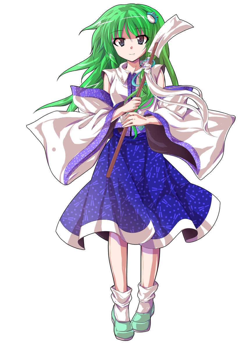 alphes_(style) dairi detached_sleeves full_body gohei green_hair grey_eyes hair_ornament kochiya_sanae light_smile long_hair long_sleeves looking_at_viewer parody shirt skirt snake_hair_ornament solo style_parody touhou transparent_background wide_sleeves