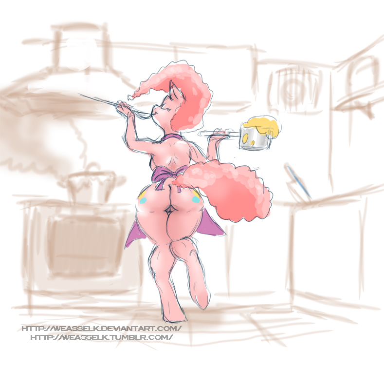 anthrofied apron butt cooking cutie_mark equine eyes_closed female friendship_is_magic hair horse kitchen mammal my_little_pony naked_apron nude pink_hair pinkie_pie_(mlp) pony pot pussy smile solo standing text weasselk wide_hips