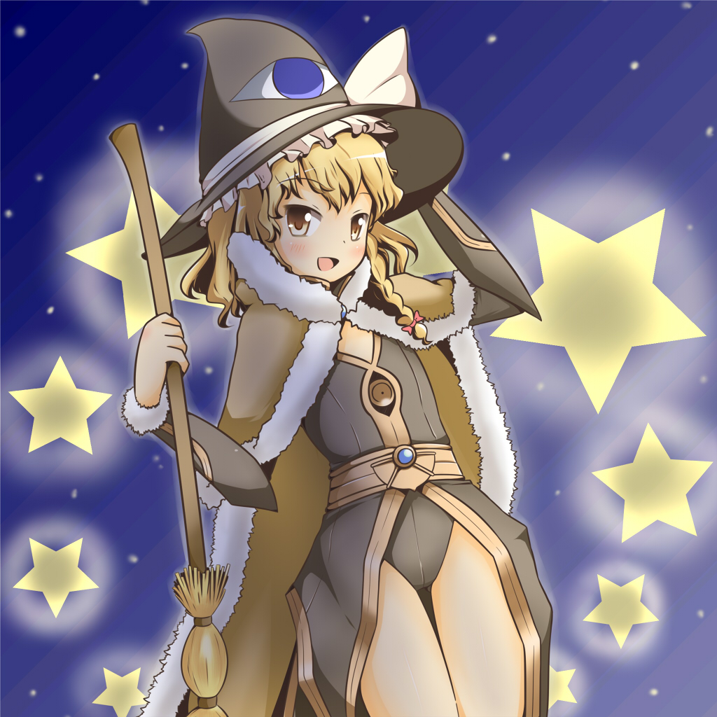 a-ktoo alternate_costume blonde_hair braid broom cape hat kirisame_marisa leotard long_hair open_mouth showgirl_skirt smile solo star touhou vambraces witch_hat