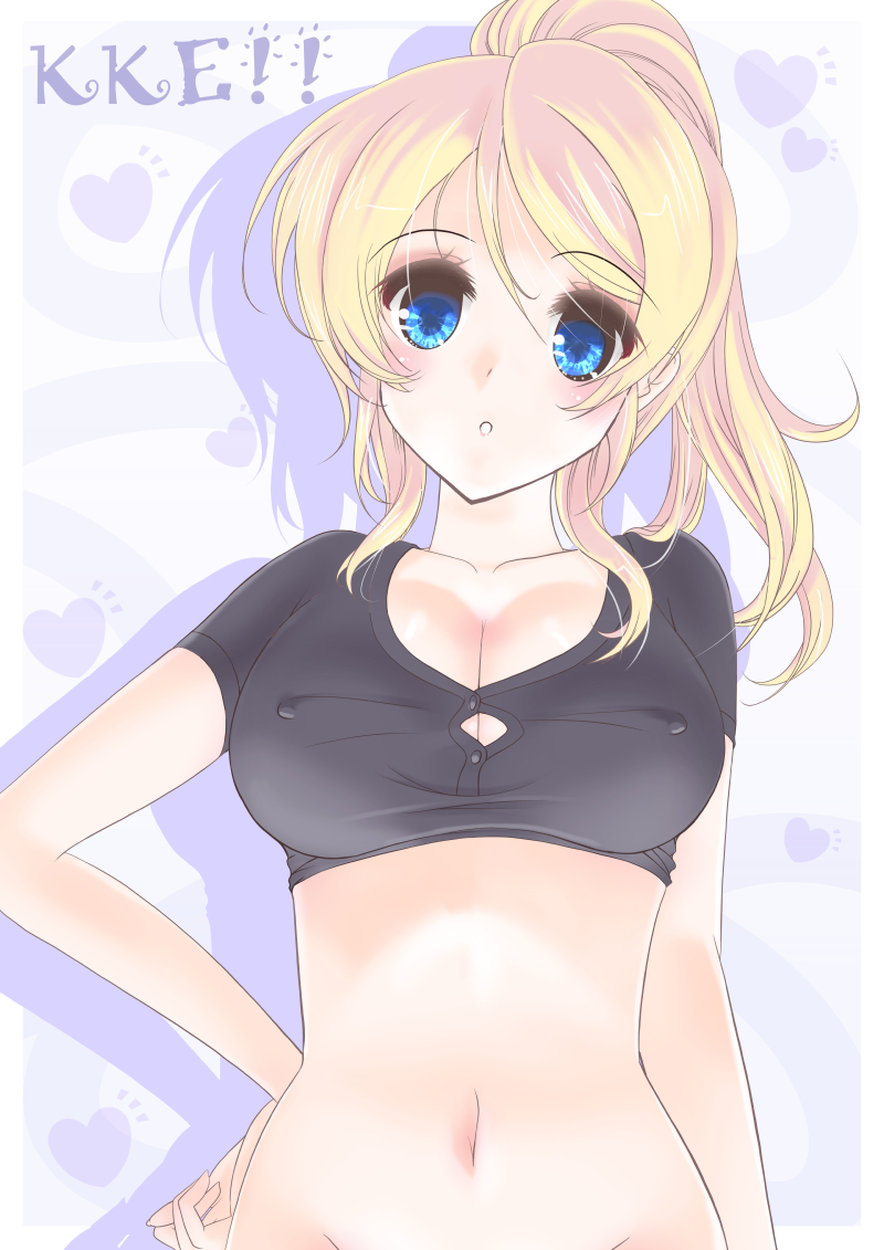 :o ayase_eli blonde_hair blue_eyes bottomless breasts cleavage covered_nipples crop_top frapowa groin hand_on_hip large_breasts long_hair looking_at_viewer love_live! love_live!_school_idol_project navel ponytail shirt solo taut_clothes taut_shirt