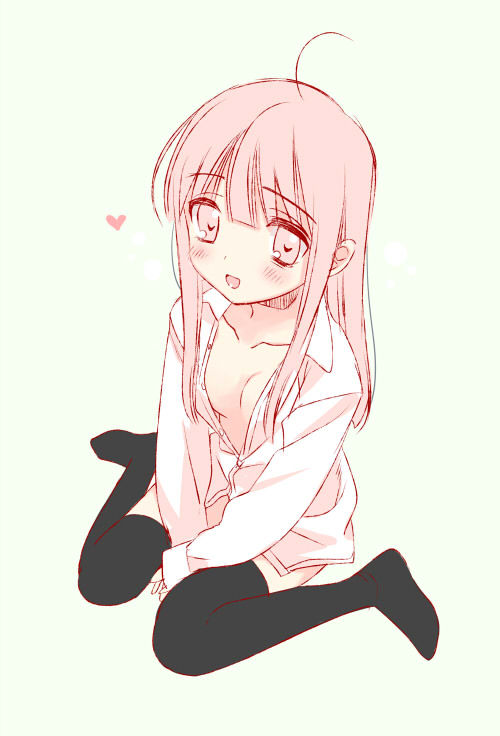 :d black_legwear blush heart looking_at_viewer naked_shirt no_bra open_mouth piyodera_mucha shirt simple_background sitting smile solo thighhighs v_arms wariza