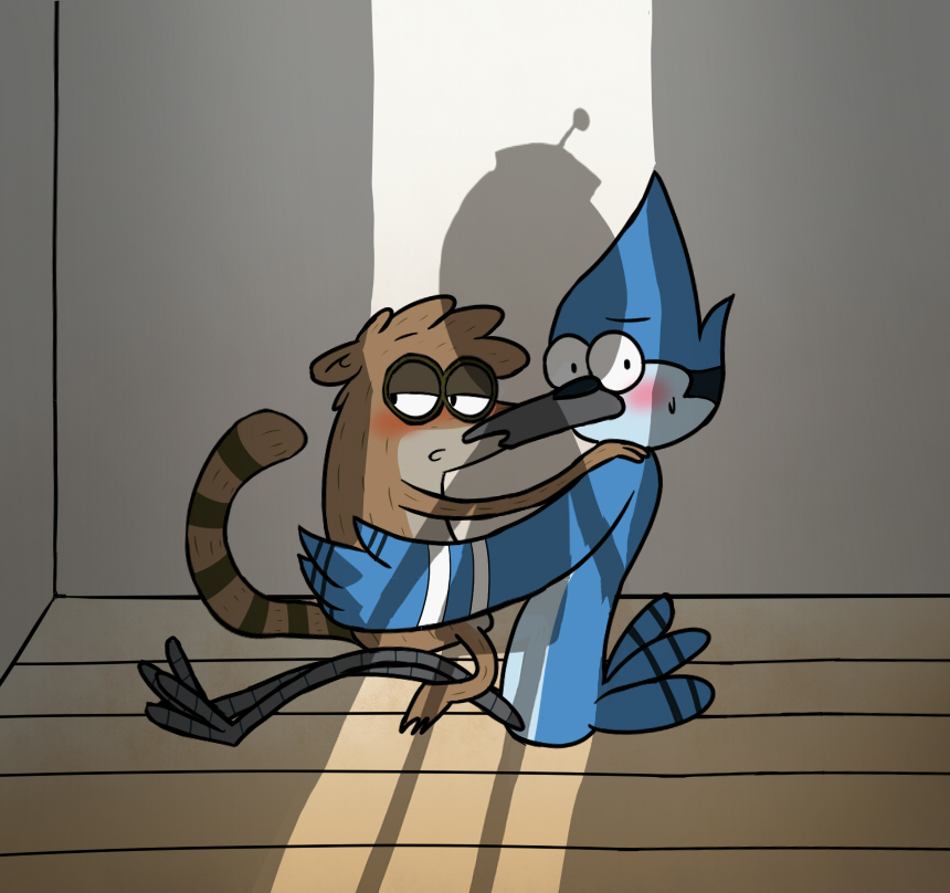 avian beak benson bird blue_jay blush cartoon_network caught closet cuddling gay male mammal mordecai raccoon regular_show rigby shadow sitting