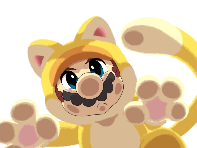 1boy cat_paws cat_tail facial_hair fourth_wall looking_at_viewer male male_focus mario mario_(series) mustache nintendo paws simple_background super_mario_3d_world super_mario_bros. tail