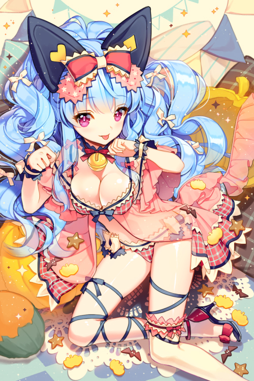:p babydoll bad_id bad_pixiv_id bell blue_hair bow breasts cherrypin choker cleavage hair_bow high_heels jingle_bell large_breasts leg_ribbon linus_falco long_hair looking_at_viewer panties pillow pink_eyes ponytail ribbon see-through single_thighhigh smile solo sword_girls thighhighs tongue tongue_out underwear underwear_only white_legwear wrist_cuffs