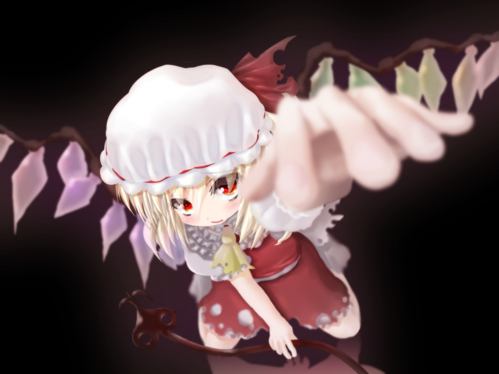ascot black_background blonde_hair blouse blurry bow collared_shirt commentary_request depth_of_field dress flandre_scarlet foreshortening frilled_dress frilled_hat frilled_shirt frilled_skirt frilled_sleeves frills fujishiki_(fujishikiya) hair_between_eyes hair_over_eyes hands hat hat_bow hat_ribbon holding kneeling laevatein leaning_forward looking_at_viewer mob_cap no_shoes open_mouth outstretched_arm outstretched_hand puffy_sleeves reaching reaching_out red_eyes red_shirt red_skirt ribbon shirt short_sleeves side_ponytail skirt skirt_set socks solo torn_clothes touhou white_hat wings