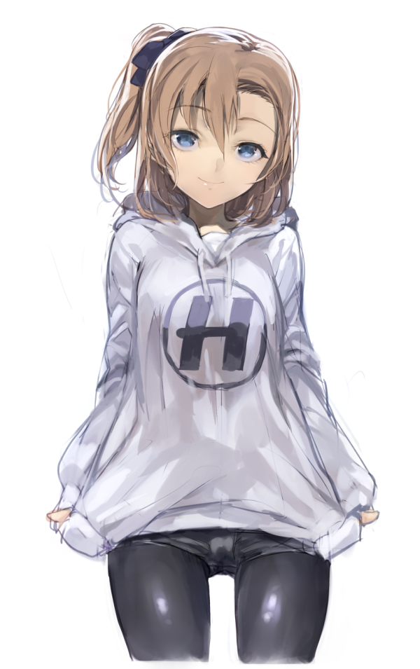 blue_eyes bow brown_hair casual hair_bow hands_in_pockets hood hoodie kousaka_honoka legwear_under_shorts logo love_live! love_live!_school_idol_project one_side_up pantyhose short_shorts shorts shrimpman simple_background smile solo white_background