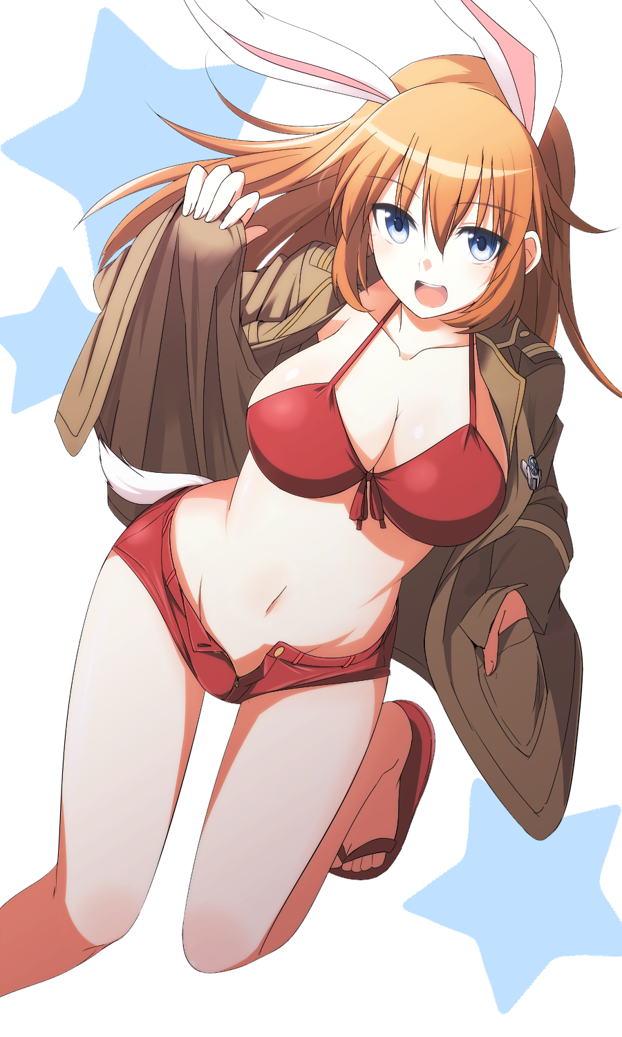 :d animal_ears bad_id bad_pixiv_id bikini blue_eyes blush breasts bunny_ears charlotte_e_yeager cleavage denim denim_shorts flip-flops front-tie_top highres large_breasts long_hair looking_at_viewer military military_uniform mobu navel open_clothes open_mouth open_shorts orange_hair red_bikini sandals short_shorts shorts smile solo star strike_witches swimsuit uniform unzipped world_witches_series