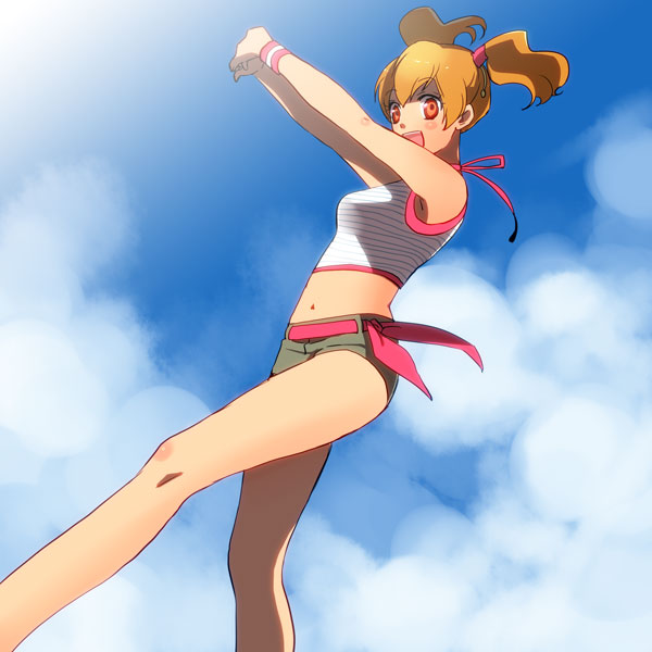 1girl brown_hair cloud clouds fresh_precure! momozono_love precure shorts sky solo twintails wristband