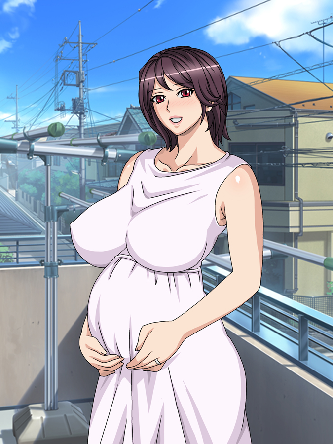 1girl blush breasts gaden large_breasts milf outdoors pregnant purple_hair short_hair smile solo