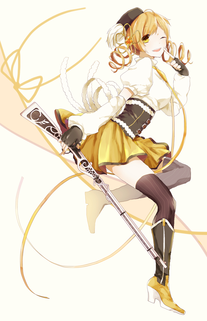 bad_id bad_pixiv_id beret blonde_hair boots detached_sleeves drill_hair fingerless_gloves gloves gun hat long_hair looking_at_viewer magical_girl magical_musket mahou_shoujo_madoka_magica moegi0926 one_eye_closed open_mouth skirt smile socks solo striped striped_legwear thighhighs tomoe_mami twin_drills twintails vertical-striped_legwear vertical_stripes weapon yellow_eyes