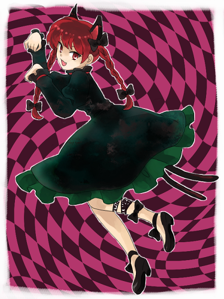 animal_ears braid cat_ears cat_tail dress fang hair_ribbon kaenbyou_rin multiple_tails natsume_(menthol) red_eyes red_hair ribbon solo tail touhou twin_braids twintails