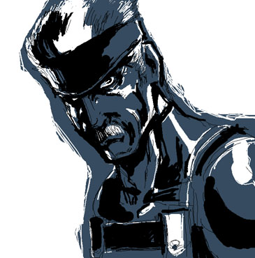artist_request blue facial_hair headband lowres male_focus metal_gear_(series) metal_gear_solid metal_gear_solid_4 monochrome mustache old_snake solid_snake solo