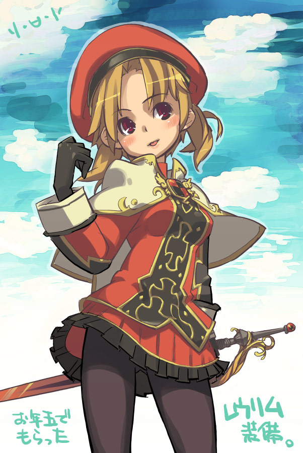 blonde_hair cape gloves hat original pantyhose red_eyes skirt solo super_zombie sword weapon