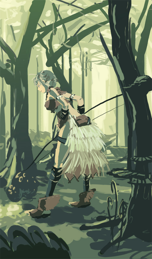 bare_tree blonde_hair bow_(weapon) full_body looking_at_viewer oom outdoors path road scenery short_hair solo standing tree trusty_bell viola_(trusty_bell) weapon winter