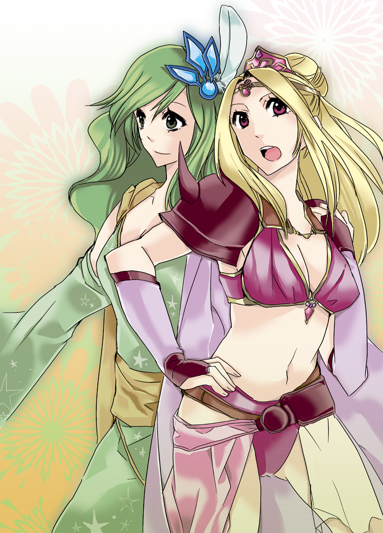 belt blonde_hair breasts bridal_gauntlets cleavage detached_sleeves final_fantasy final_fantasy_iv green_eyes green_hair hair_ornament large_breasts long_hair multiple_girls nagisanma older pink_eyes ponytail rosa_farrell rydia