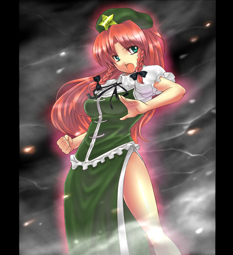 bad_id bad_pixiv_id braid china_dress chinese_clothes dress fighting_stance hat hong_meiling long_hair pillarboxed red_hair solo takemori_shintarou touhou twin_braids