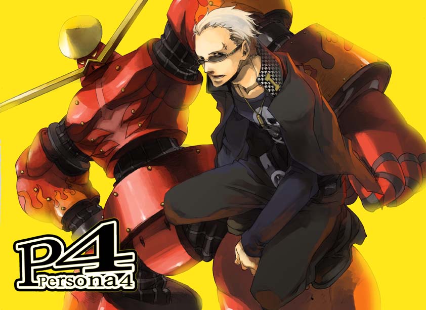 blonde_hair facial_hair fact full_body glasses kneeling long_sleeves looking_at_viewer monster mustache pants persona persona_4 rokuten_mao simple_background tatsumi_kanji yellow_background