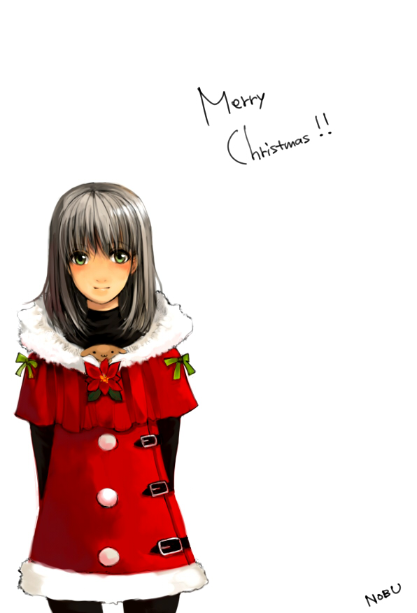arms_behind_back capelet christmas copyright_request face green_eyes nobusnow pantyhose red_capelet santa_costume silver_hair solo