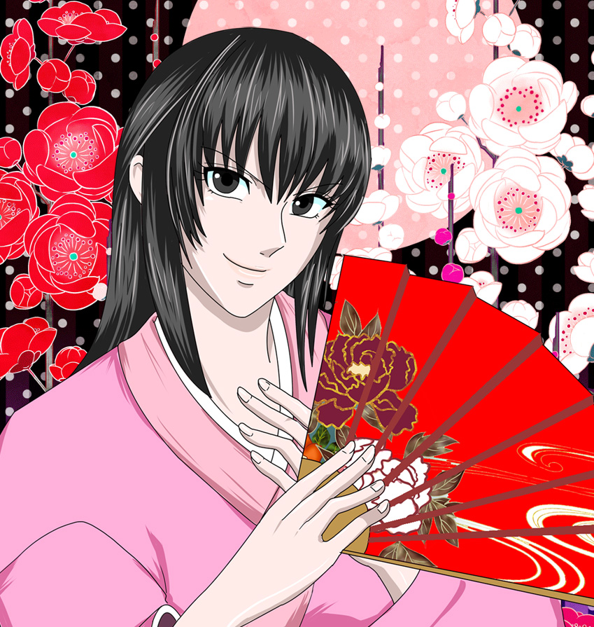 black_hair brown_eyes fan floral_background folding_fan haigo7 japanese_clothes kimono long_hair smirk solo umenomori_chise virtua_fighter