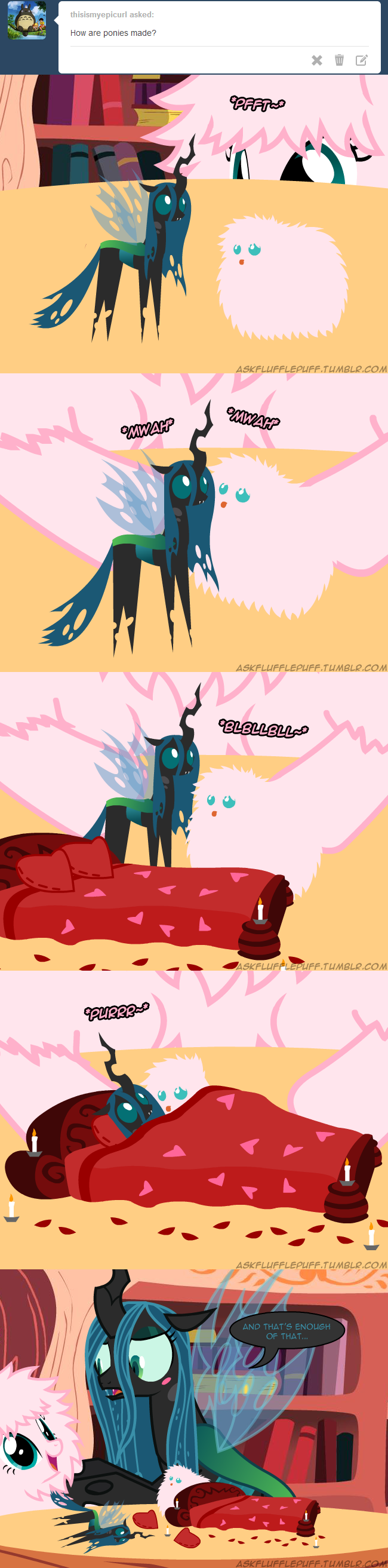 bed blue_eyes blush candle comic dialog doll english_text equine fangs feral fluffle_puff fluffy friendship_is_magic fur green_eyes green_hair hair horn horse long_hair mammal mixermike622 my_little_pony open_mouth pink_fur pink_hair pony queen_chrysalis_(mlp) sex_education text toy wings