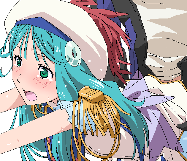 1girl bent_over blush character_request clothed_sex green_eyes green_hair hair_ornament hat long_hair macross macross_30 mina_forte oekaki open_mouth pixiv_manga_sample sex solo_focus source_request sweat tears tomu_(tomubobu) tomubobu