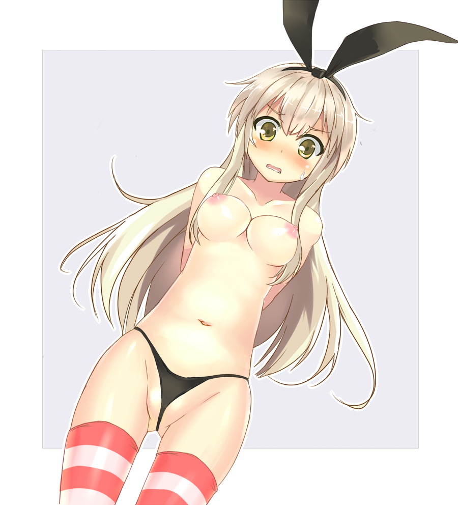 arms_behind_back black_panties blush breasts brown_hair hairband kantai_collection kimamani long_hair medium_breasts nipples panties partially_visible_vulva shimakaze_(kantai_collection) socks solo striped striped_legwear thighhighs topless underwear yellow_eyes