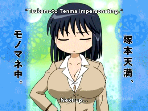 1girl ^_^ animated animated_gif black_hair bouncing_breasts breasts cleavage dark_hair eyes_closed hand_on_hip hands_on_hips huge_breasts impersonation index_finger_raised jacket looking_at_viewer lowres one_eye_closed school_rumble school_uniform shirt short_hair smile solo suou_mikoto tsukamoto_tenma uniform white_shirt