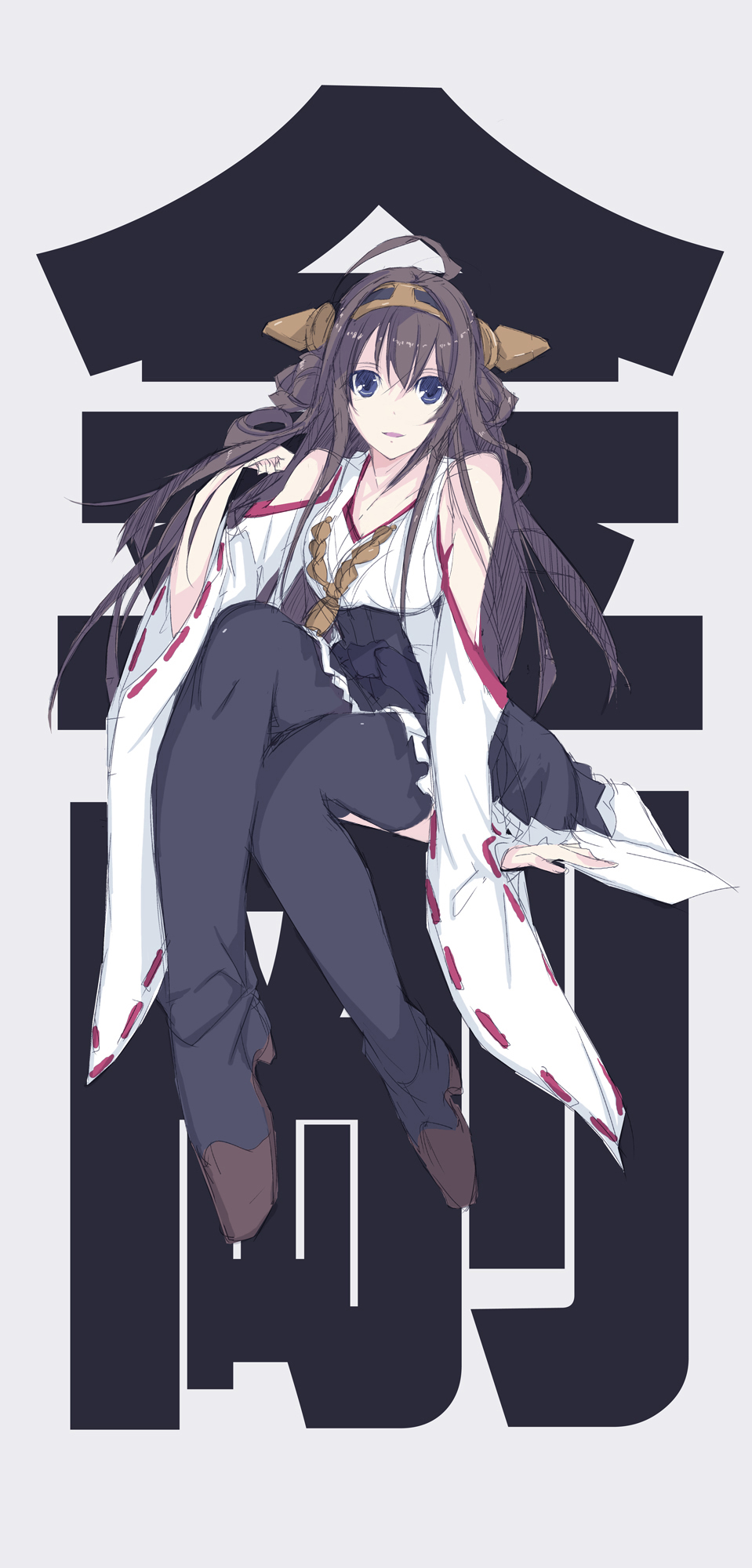 ahoge bare_shoulders black_legwear blue_eyes boots brown_hair crossed_legs detached_sleeves double_bun hair_ornament hairband hamasin2424 headgear highres japanese_clothes kantai_collection kongou_(kantai_collection) long_hair nontraditional_miko open_mouth sitting sketch skirt smile solo thighhighs wide_sleeves