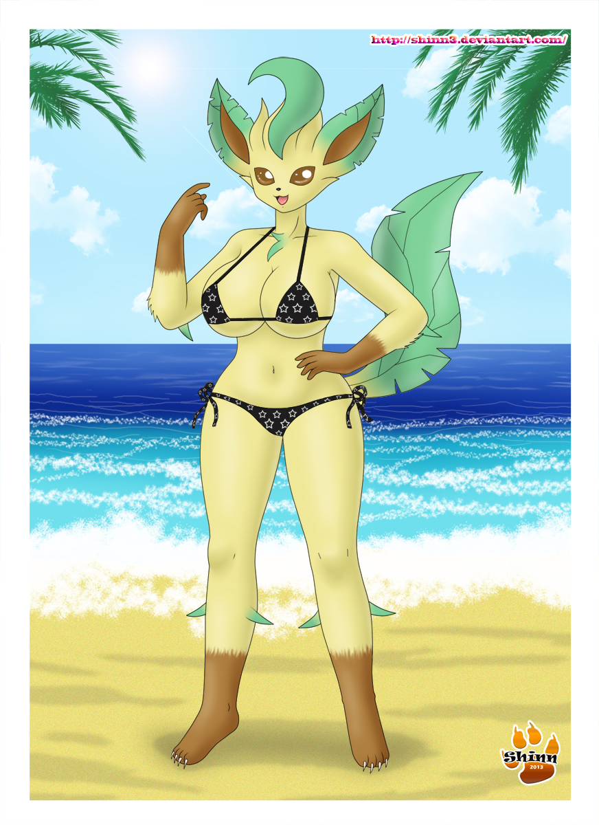 anthrofied beach big_breasts bikini breasts canine cleavage clothed clothing eeveelution female fur hair leafeon long_hair looking_at_viewer mammal nintendo open_mouth pok&#233;mon pussy seaside shinn skimpy smile solo swimsuit text video_games