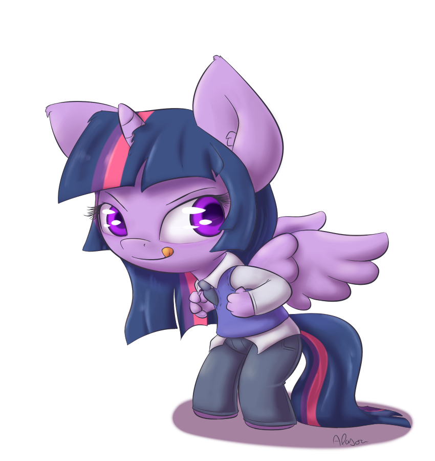 alpha_channel anthro clothing equine female feral friendship_is_magic fur hair horn horse leaning long_hair looking_back mammal multi-colored_hair my_little_pony necktie pants plain_background pony purple_eyes purple_fur purple_hair shirt smile solo standing tongue tongue_out transparent_background twilight_sparkle_(mlp) winged_unicorn wings