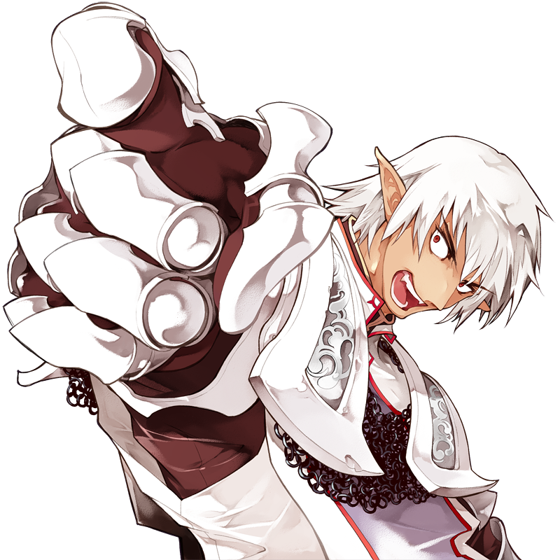 armor breastplate buront elf elvaan final_fantasy final_fantasy_xi gloves open_mouth pointing pointy_ears red_eyes short_hair silver_hair sumi_keiichi teeth transparent_background upper_body