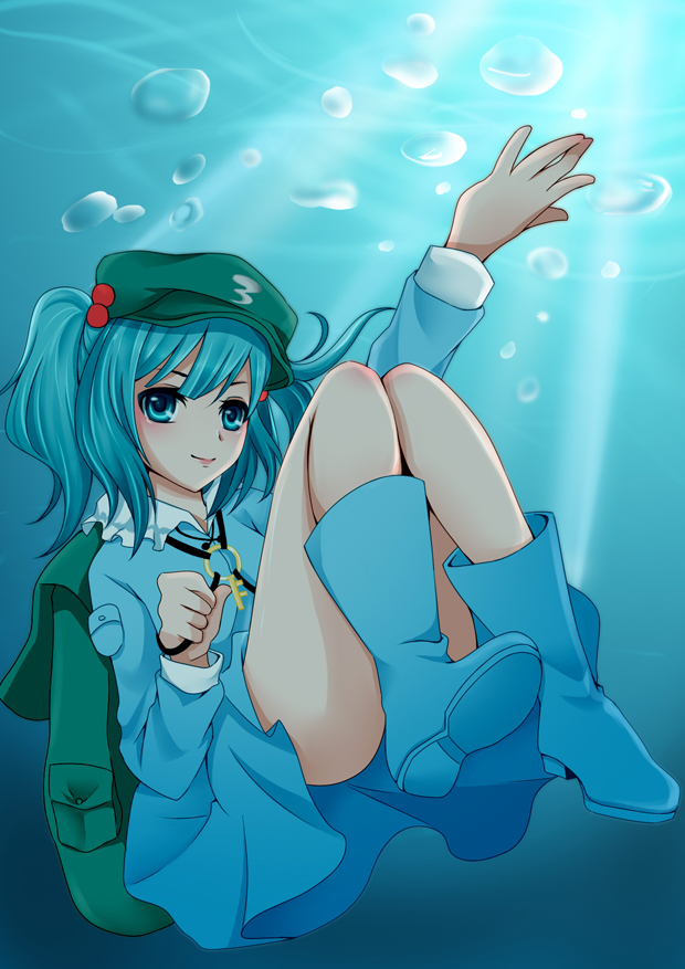 ass backpack bag blue_eyes blue_hair boots bubble dress hair_bobbles hair_ornament hands_up hat kawashiro_nitori key legs light_rays long_sleeves looking_at_viewer no_panties pocket rubber_boots shirt short_hair skirt skirt_set smile solo sunbeam sunlight teemi touhou two_side_up underwater wet wet_clothes