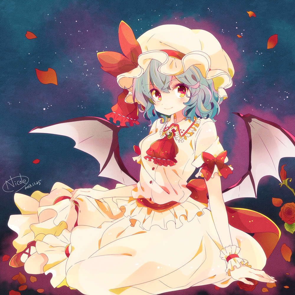 artist_name ascot aura bad_id bad_pixiv_id bat_wings blue_hair brooch dated dress flower hat hat_ribbon jewelry looking_at_viewer mob_cap nicole_(usako) petals puffy_sleeves red_eyes red_flower red_rose remilia_scarlet ribbon rose sash short_sleeves signature sitting smile solo touhou white_dress wings wrist_cuffs