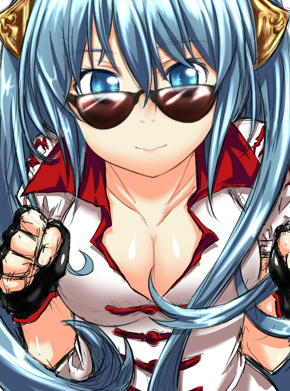 aqua_eyes aqua_hair black_gloves breasts cleavage cosplay fingerless_gloves gloves hair_ornament kaho_(amal135) large_breasts league_of_legends lee_sin lee_sin_(cosplay) long_hair popped_collar solo sona_buvelle sunglasses twintails