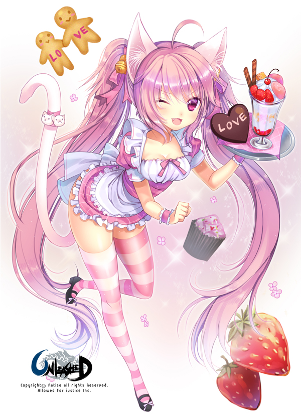 :3 :d ahoge animal_ears bell blush breasts cat_ears cat_tail cherry chocolate cleavage copyright_name cupcake dress english fang food fruit gingerbread_man hair_ribbon heart ice_cream jingle_bell long_hair mary_janes medium_breasts one_eye_closed open_mouth parfait paw_pose pink_eyes pink_hair pink_legwear ratise ribbon shoes smile socks solo standing standing_on_one_leg strawberry striped striped_legwear tail thighhighs tray twintails unleashed v-shaped_eyebrows very_long_hair wafer_stick waitress wrist_cuffs zettai_ryouiki