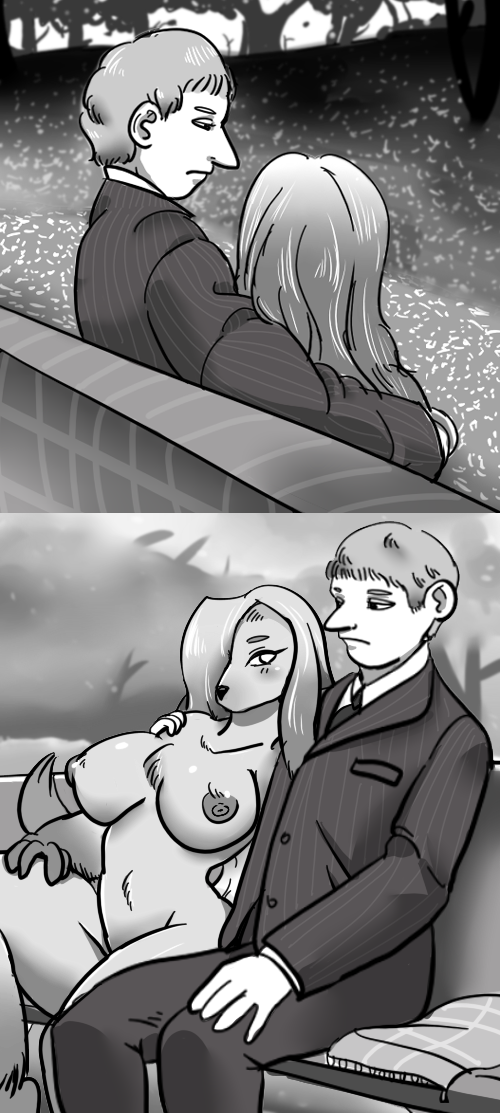 arm_around_shoulders bench big_breasts blush breasts canine dog female hair human long_hair male mammal monochrome nude outside park sechomi sechomi11 suit surprise