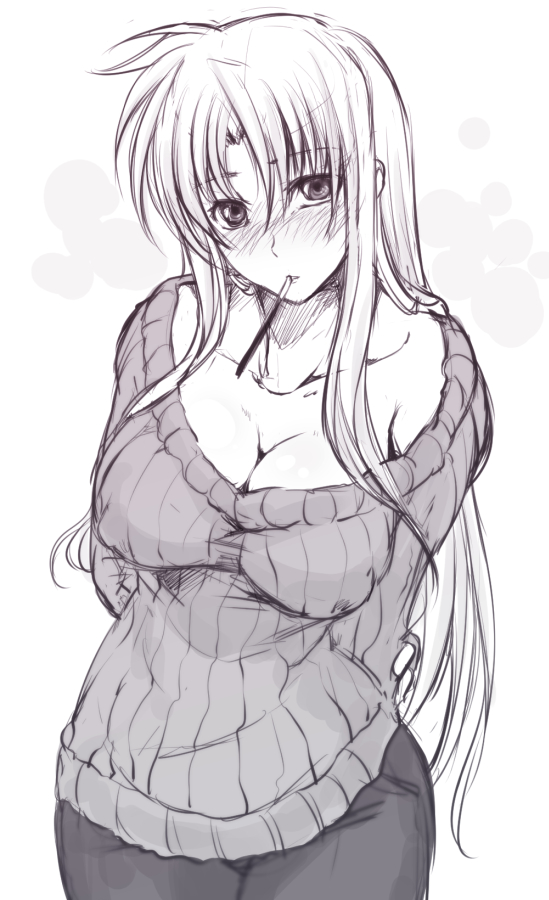 arms_behind_back bare_shoulders blush breasts cleavage fate_testarossa food hagane_soushi large_breasts long_hair lyrical_nanoha mahou_shoujo_lyrical_nanoha_strikers monochrome mouth_hold off_shoulder pocky ribbed_sweater solo sweater