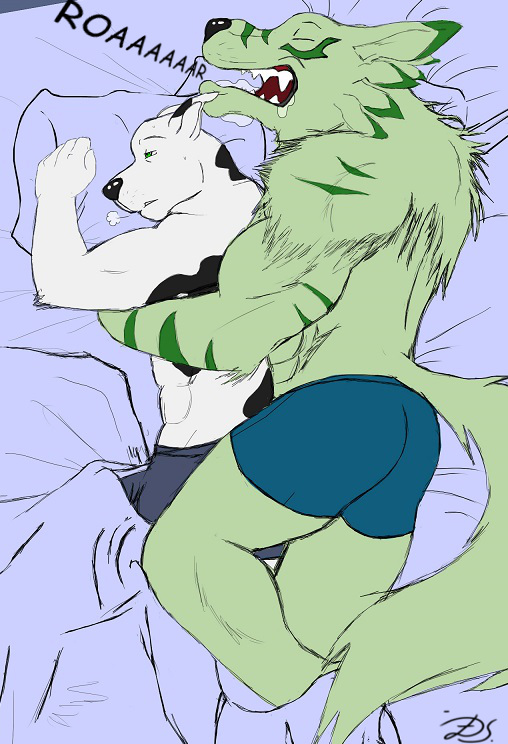 abs alternate_color anthro back bed biceps big_muscles black_fur black_nose blanket body_markings boxers butt canine couple digimon dog donell dragonslash drooling fangs fur gay green_eyes green_fur gripping holding lying male mammal markings muscles on_front on_side open_mouth pecs pillow pose roaring saliva shy001 sleeping snoring stripes teeth toned tongue topless underwear were weregarurumon werewolf white_fur wolf