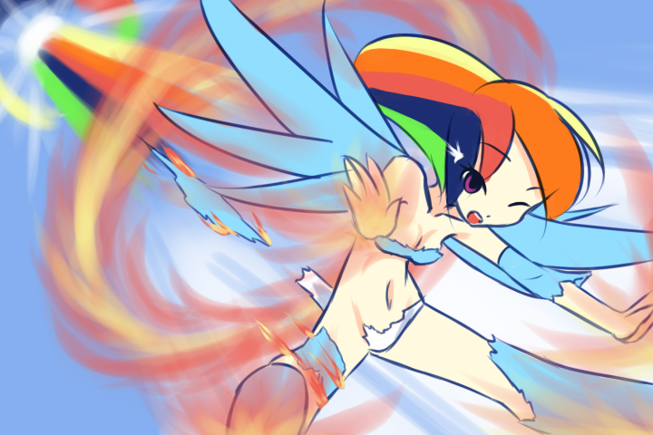 child clothing drantyno female fire friendship_is_magic human humanized mammal my_little_pony rainbow rainbow_dash_(mlp) solo sonic_rainboom torn_clothing wings young