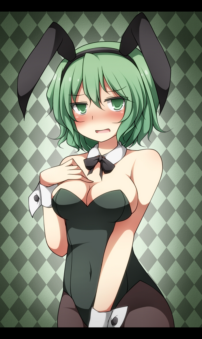 animal_ears argyle argyle_background bare_shoulders blush bow bowtie breast_suppress breasts bunny_ears bunny_girl bunnysuit cleavage creta_(taku10) detached_collar embarrassed green_eyes green_hair large_breasts looking_at_viewer open_mouth pantyhose short_hair smile soga_no_tojiko solo touhou wrist_cuffs