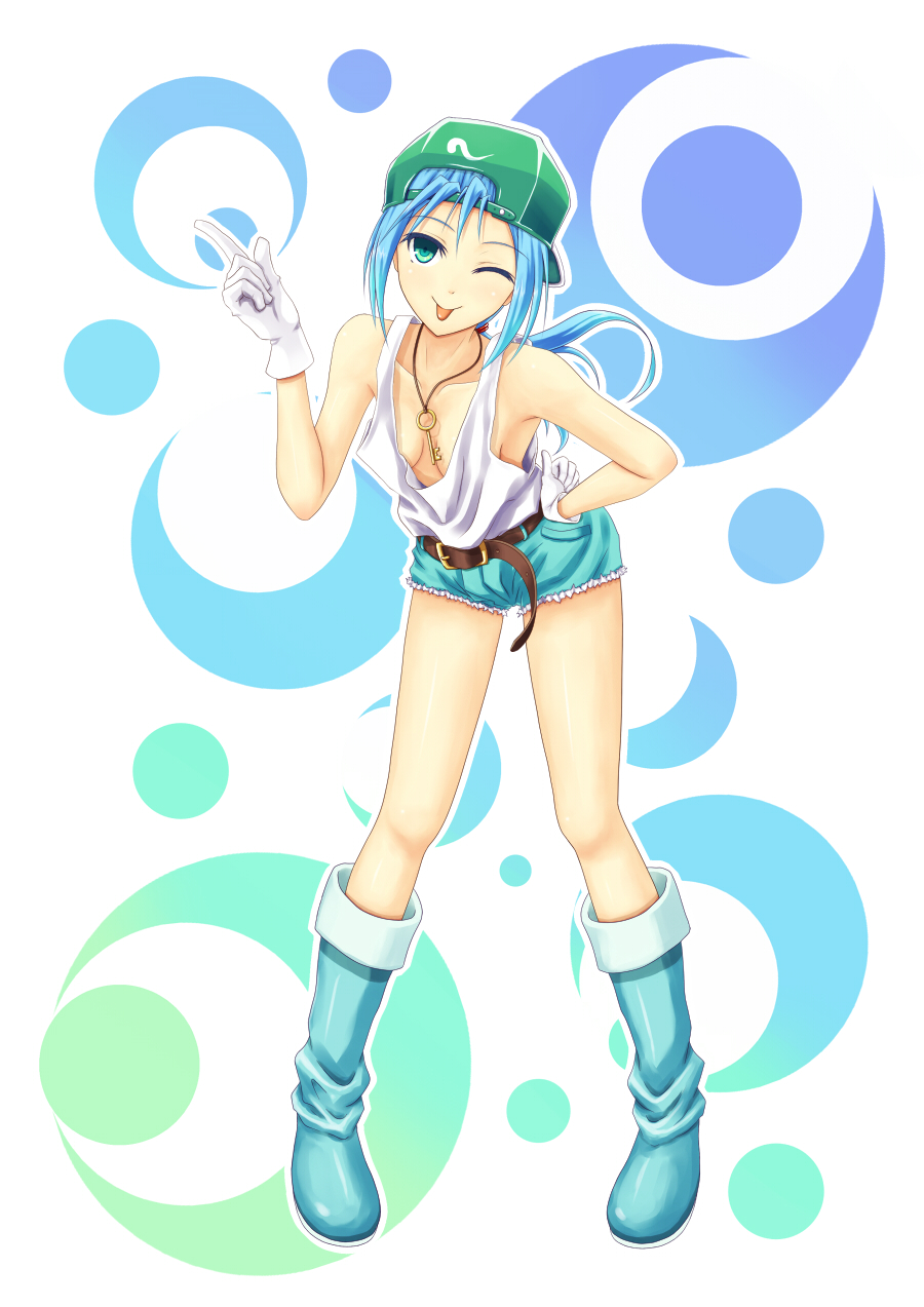 :p alternate_costume alternate_hairstyle bare_shoulders belt blue_hair boots breasts cleavage crescent crescent_moon denim denim_shorts downblouse gloves green_eyes hand_on_hip hat highres kawashiro_nitori key kinu_saya moon no_bra one_eye_closed rubber_boots short_hair shorts small_breasts smile solo tank_top tongue tongue_out touhou white_gloves