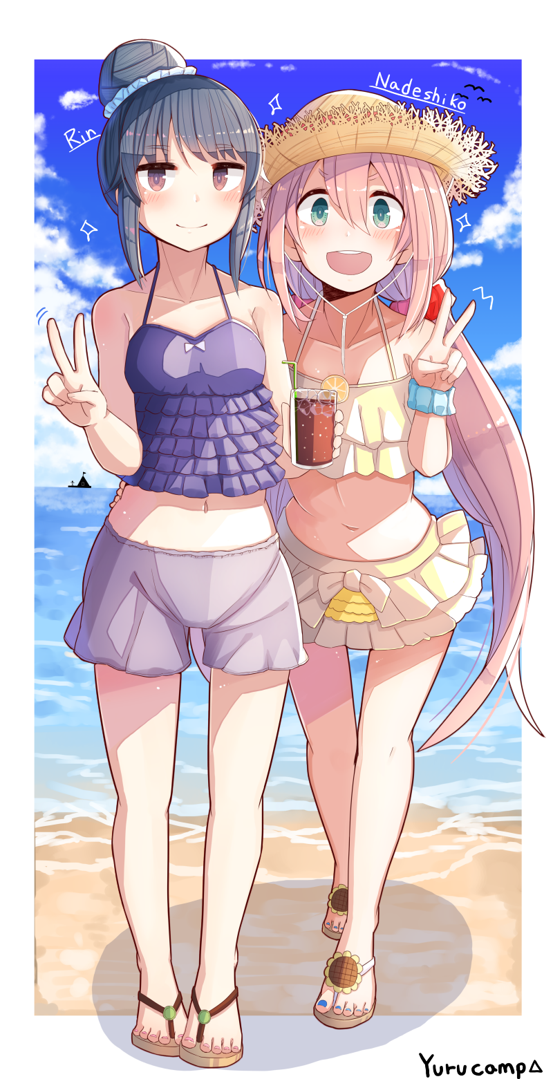 2girls beach bikini blue_hair blue_sky blush breasts character_name cloud collarbone commentary_request day eyebrows_visible_through_hair frilled_bikini frilled_swimsuit frills hair_between_eyes hair_bun hat highres kagamihara_nadeshiko looking_at_viewer low_twintails multiple_girls navel ocean outdoors pink_hair plan_(planhaplalan) purple_eyes sand sandals shima_rin sky smile straw_hat swimsuit thick_eyebrows twintails v water yurucamp