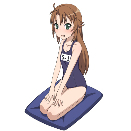 antenna_hair blush brown_hair caryo collarbone cushion green_eyes koshigaya_komari long_hair looking_at_viewer lowres midori_boushi non_non_biyori one-piece_swimsuit open_mouth school_swimsuit seiza simple_background sitting solo swimsuit white_background