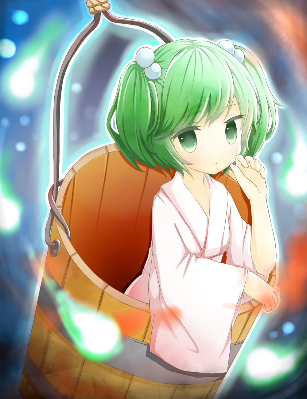 bad_id bad_pixiv_id blue_background bucket ellipsis_(mitei) expressionless green_eyes green_hair hair_bobbles hair_ornament hand_on_own_cheek highres in_bucket in_container japanese_clothes kimono kisume light_particles long_sleeves looking_at_viewer short_hair solo touhou twintails wide_sleeves wooden_bucket