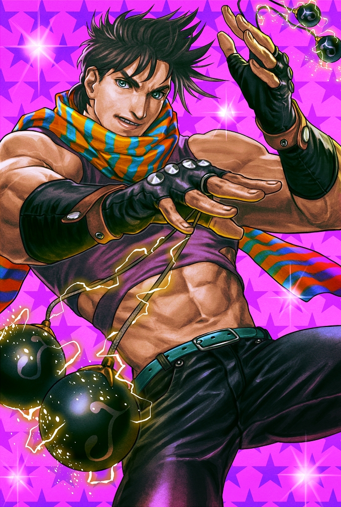 battle_tendency black_hair blue_eyes bola_(weapon) brown_hair crop_top electricity fingerless_gloves gloves jojo_no_kimyou_na_bouken joseph_joestar_(young) male_focus manly midriff muscle realistic scarf solo striped striped_scarf ug_(ugg)